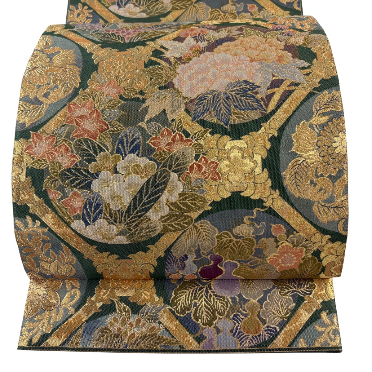 【美品】 袋帯 名品 関西仕立て 草花 瓢箪 金糸 箔 緑 六通 正絹 【中古】|バイセル 店