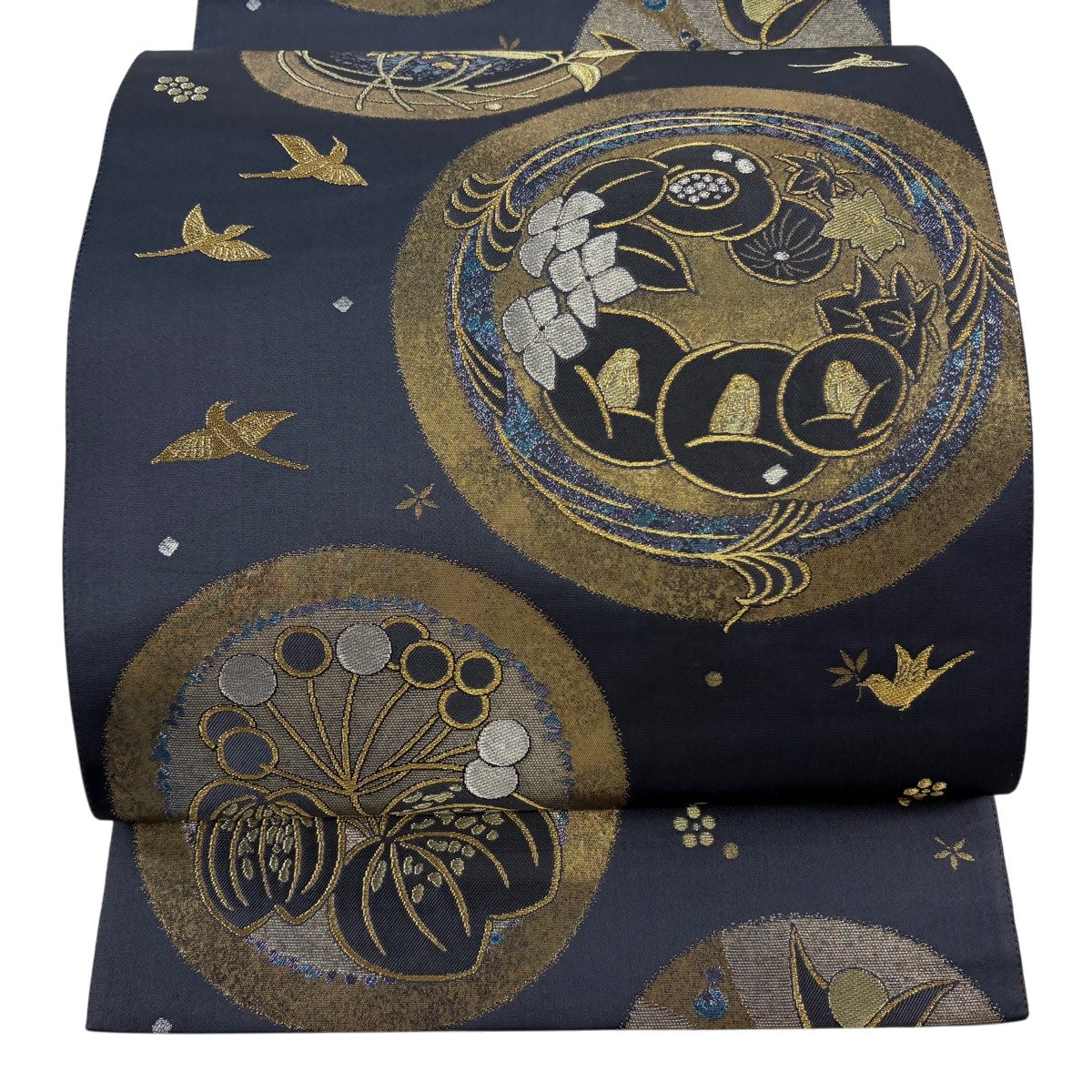 【美品】 袋帯 名品 花宇宙 金銀糸 箔 紺色 六通 正絹 【中古】｜バイセル 店