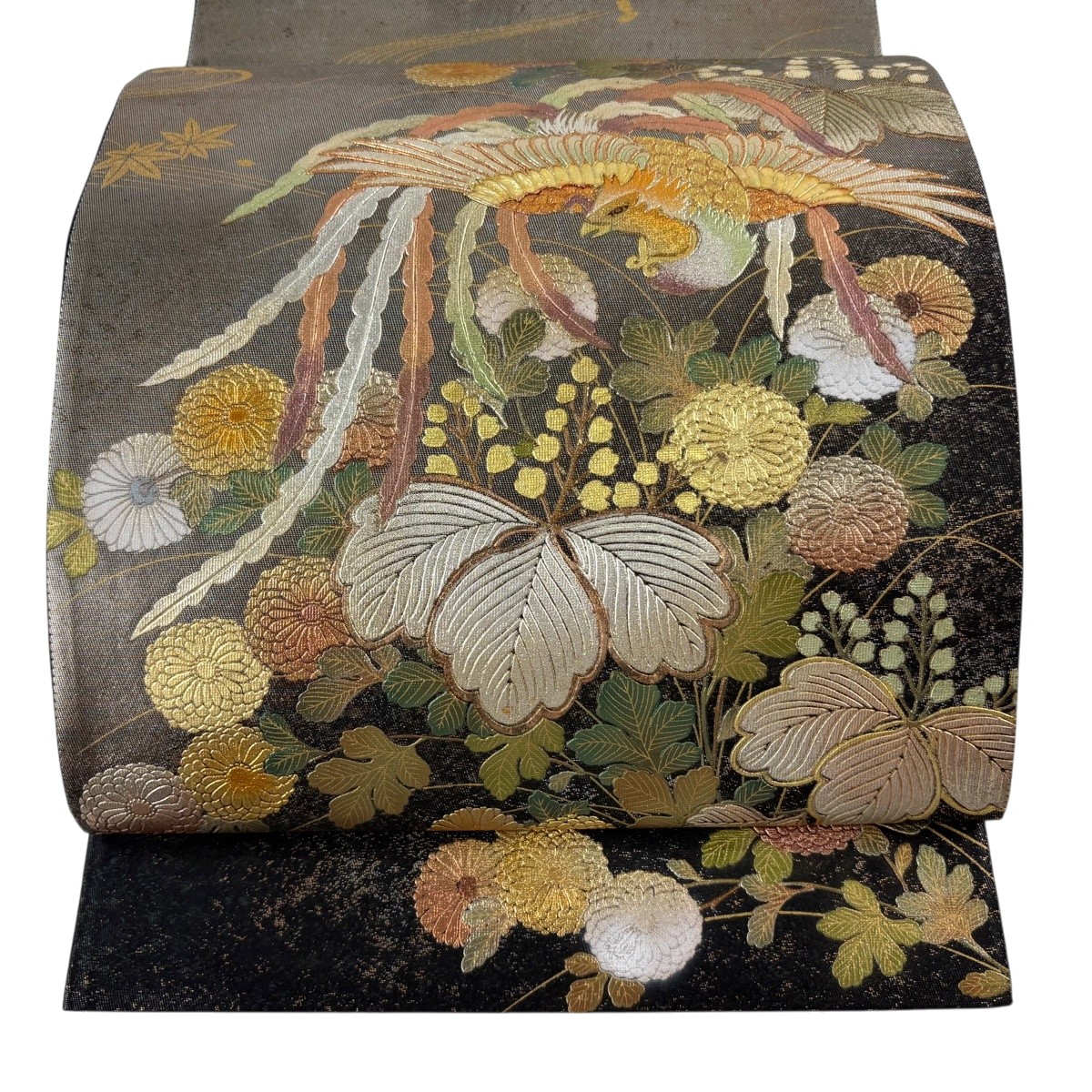 袋帯 名品 鳳凰 菊 金銀彩 箔 黒 お太鼓柄 正絹 【中古】|バイセル 店