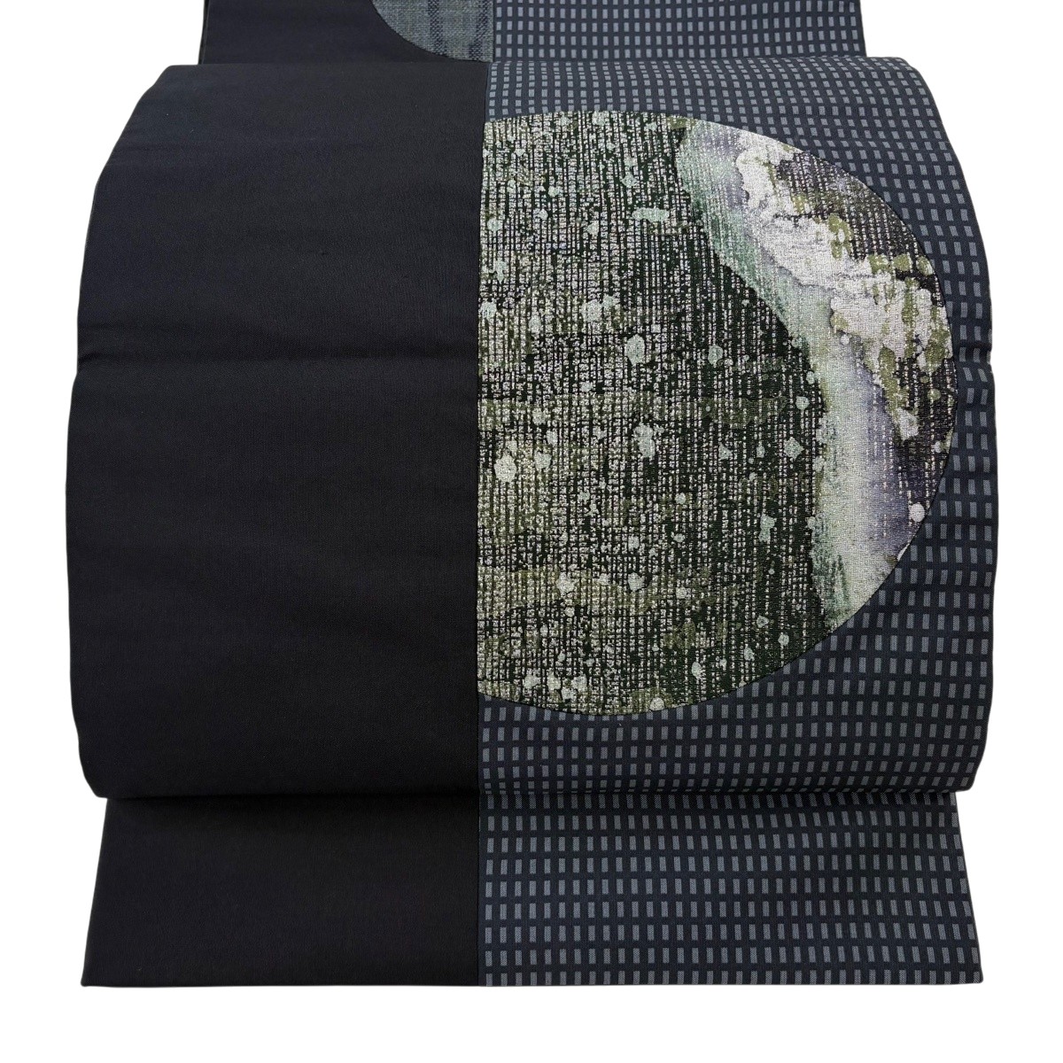 袋帯 名品 ほていや 月 幾何学模様 金銀糸 黒 お太鼓柄 正絹 【中古】|バイセル 店