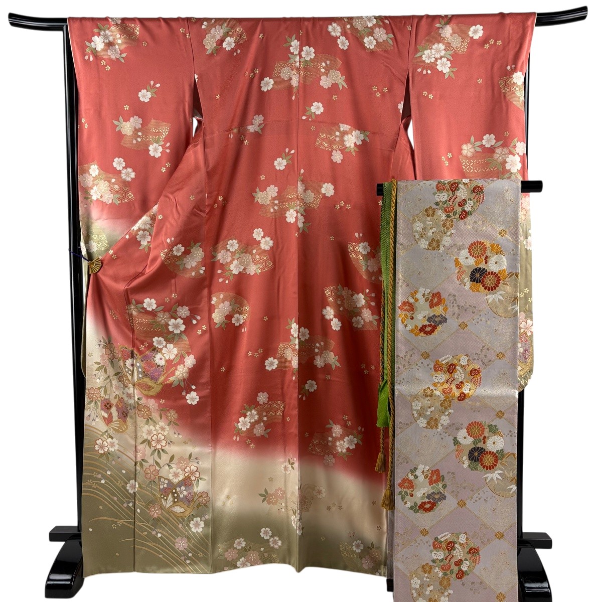 【美品】 振袖 身丈168.5cm 裄丈68cm L 袷 袋帯フルセット 蝶 桜 金彩 染め分け 濃ピンク 正絹 名品 【中古】|バイセル 店
