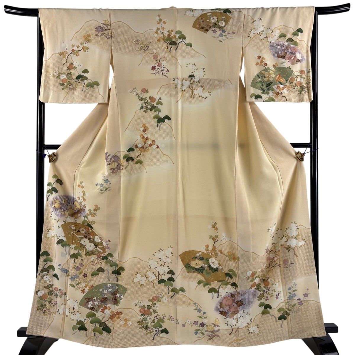 訪問着 身丈163cm 裄丈65.5cm M 袷 扇面 菊 金糸 金彩 ベージュ 正絹 名品 【中古】｜バイセル 店