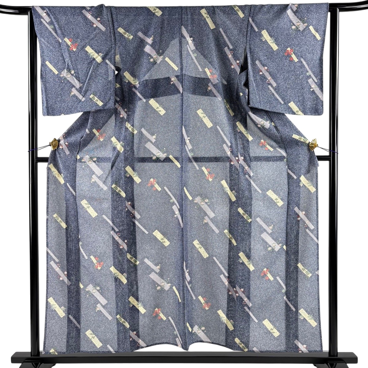 小紋 身丈156cm 裄丈65cm M 薄物 絽 短冊 草花 金彩 紺色 正絹 秀品 【中古】｜バイセル 店