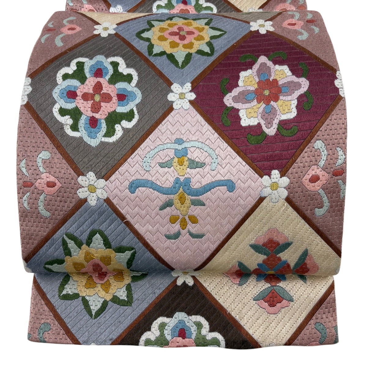 袋帯 逸品 華文 菱格子 金糸 絽刺し 薄紫 全通 正絹 【中古】｜バイセル 店