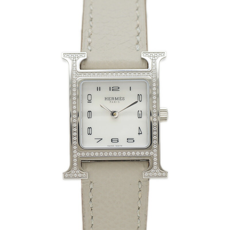 美品】エルメス Hウォッチ ミニ 11ダイヤ クロコベルト ホワイト H
