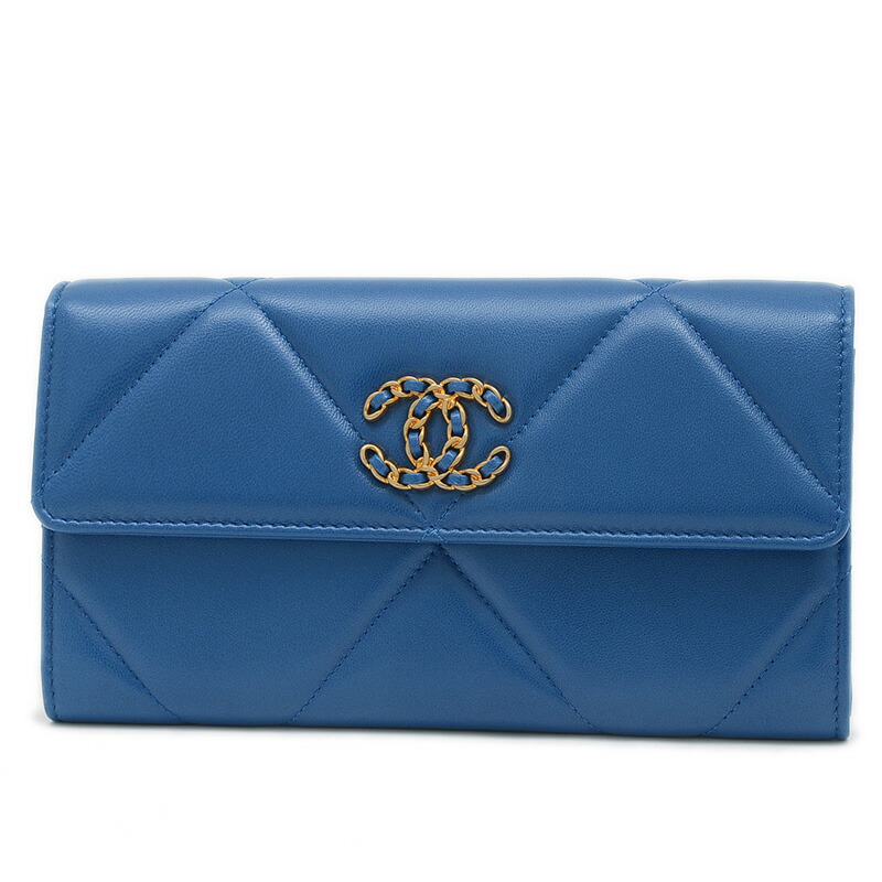 AUTH CHANEL 19 LONG PORTEFEUILLE BLEU AGNEAU ANCIEN OR AP0955 MARQUE COCO F/S