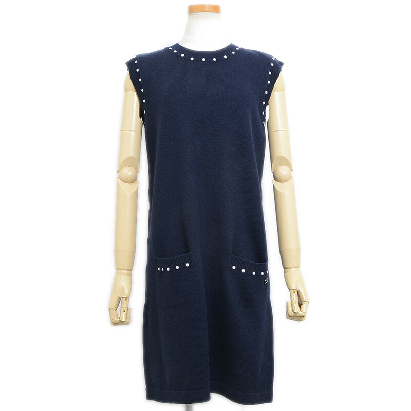 【未使用級】CHANEL ワンピース ネイビー ボーダー カシミヤ100% CHANEL ネイビー カシミア ワンピース 36