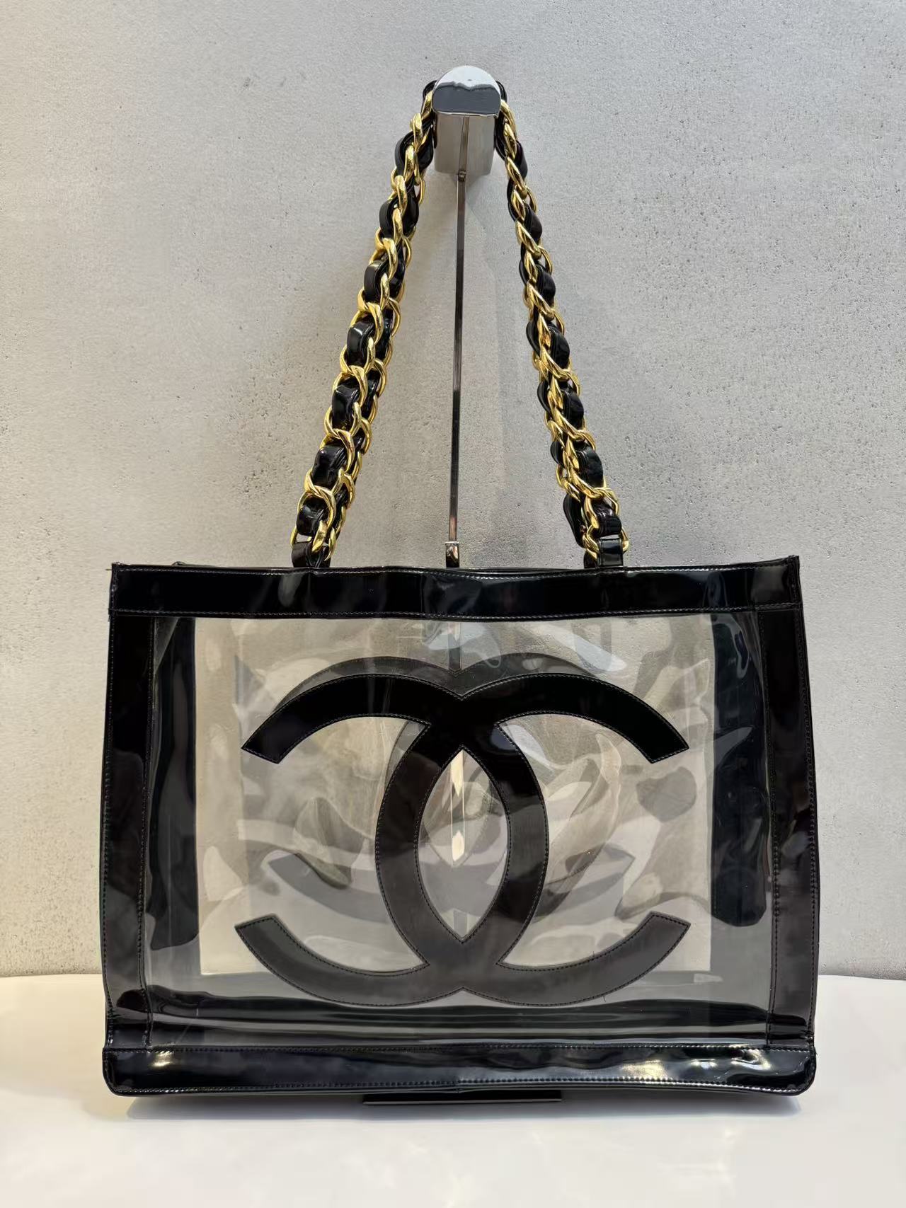 CHANEL シャネル CC ココマーク クリア チェーントートバッグ ブラック ゴールド金具 ビニール PVC ショルダーバッグ レディース 大容量 【中古 Bランク】|BRAND PG