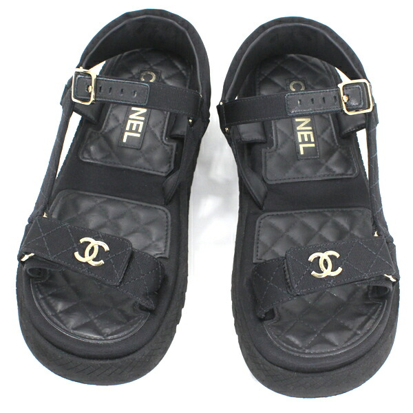 シャネル CHANEL CC マトラッセ サンダル 大きさ:38 #38 G38880 黒 黒いこと ココマーク ゴールド金具 レディース 亭主もち靴 運動競技サンダル ブランド名 軽さ【中古】