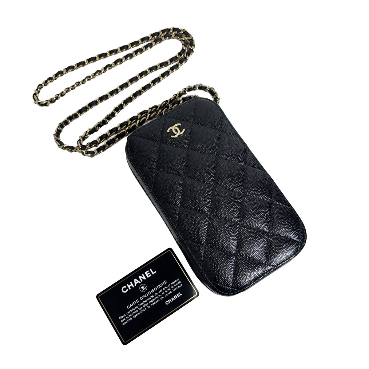 【中古】 シャネル CHANEL フォンケース マトラッセ キャビアスキン ブランドスマホショルダー シャネルマトラッセ スマホショルダー ブランド ブラック チェーンショルダー モバイルホルダー ショルダーバッグ ミニ チェーンウォレット Phone Holder on Chain （1782）