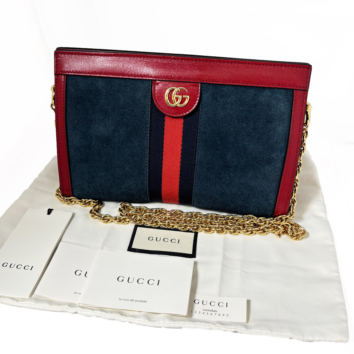 【中古】 GUCCI グッチ オフディア チェーン店御徒面子 米国海軍 × 赤いこと × ゴールド金具 503877 レディース なめし革 ショルダーバッグ ヌバッグ 紺 × 赤 bag （9667）