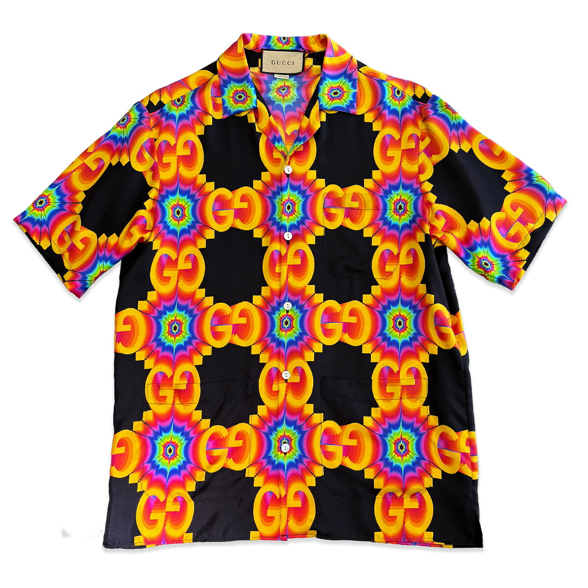 【中古】 GUCCI グッチ 半袖 シャツ カレイドスコープ メンズ 44 S～M相当 シルク100％ ブラック×マルチカラー 総柄 サイケデリック GG ゆったり オーバーサイズ ビッグシルエット オープンシャツ レインボウ レインボー2022年 春夏コレクション（9475）