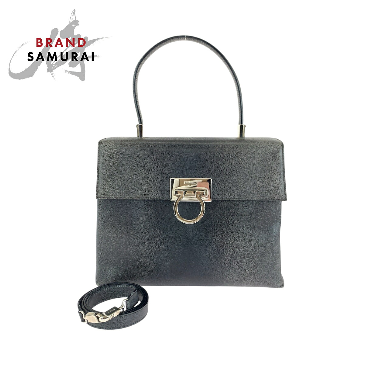 Salvatore Ferragamo サルヴァトーレフェラガモ ガンチーニ 薄墨色 しろがね色金具 なめし革 BA21 8849 ショルダーバッグ ハンドバック 2way レディース 600928 【中古】