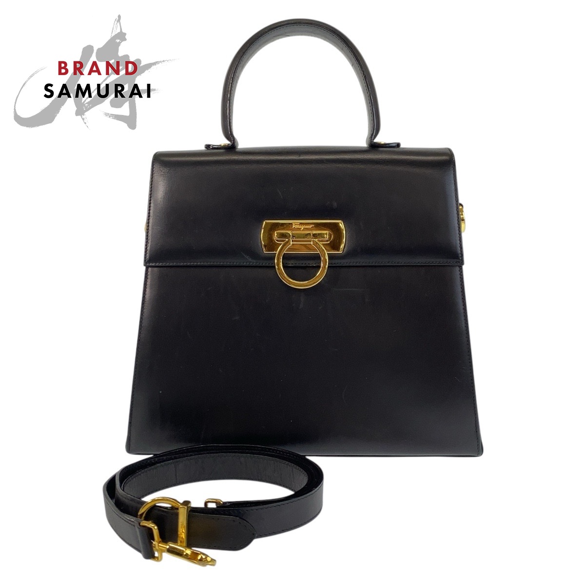 Salvatore Ferragamo サルヴァトーレフェラガモ ガンチーニ ブラック 黒 ゴールド金具 レザー ハンドバッグ ショルダーバッグ 2way レディース 506326 【中古】