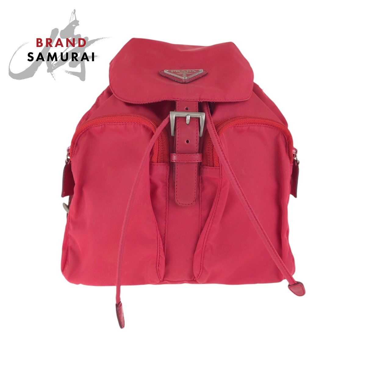 【美品✨】PRADA 赤 ナイロン リュック　ダブルポケット　三角プレート 美品✨】PRADA 赤 ナイロン リュック ダブルポケット 三角