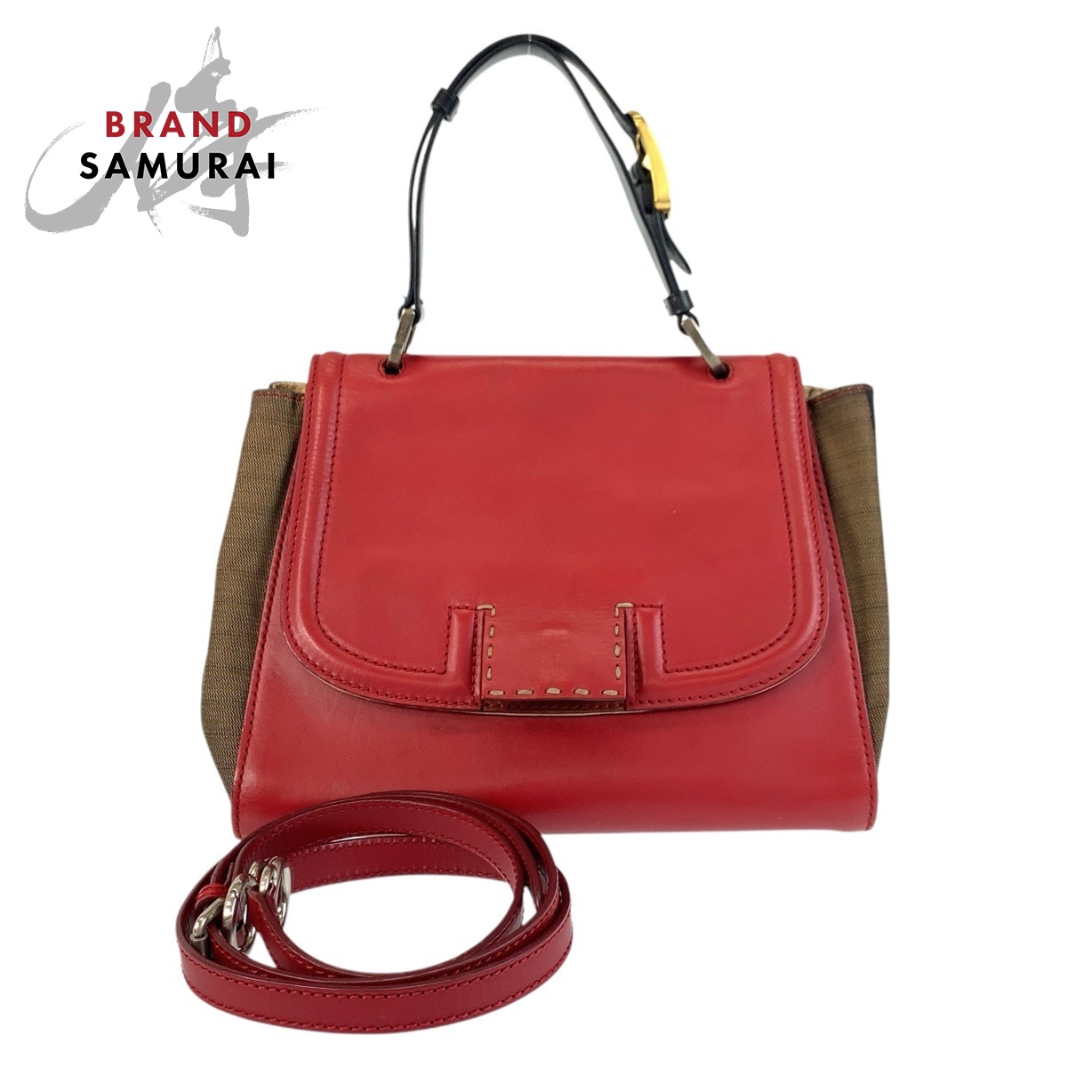 FENDI フェンディ ペカン シルヴァーナ レッド ブラウン レザー /キャンバス ハンドバッグ ショルダーバッグ 2way レディース 506097 【中古】