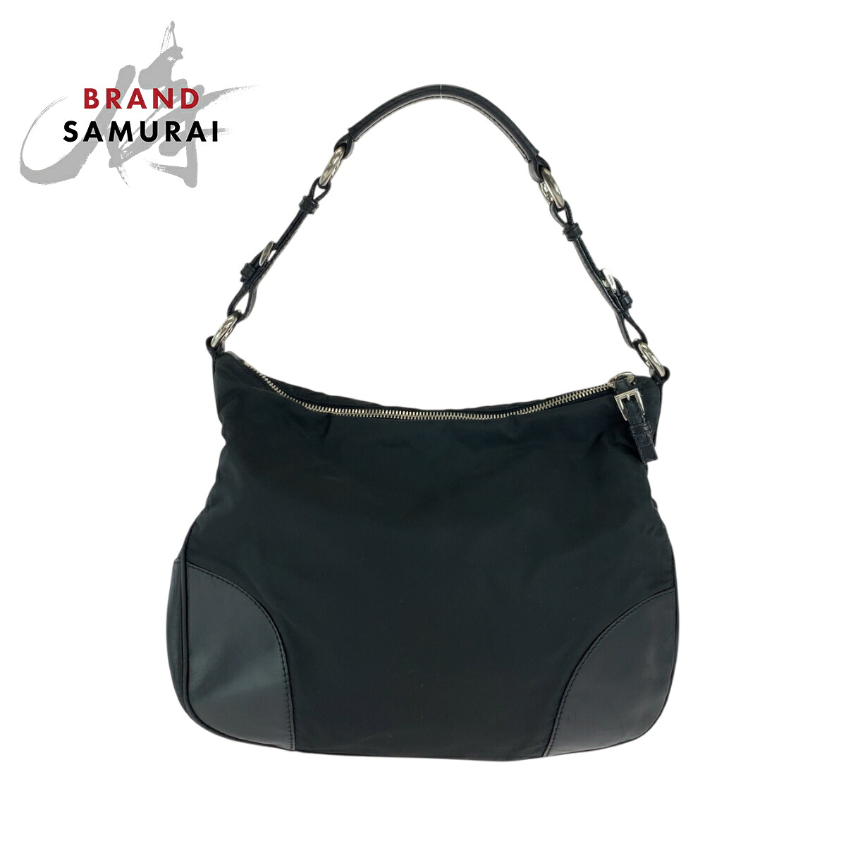 十代】美品 PRADA プラダ テスート 三角ロゴプレート ブラック 黒 