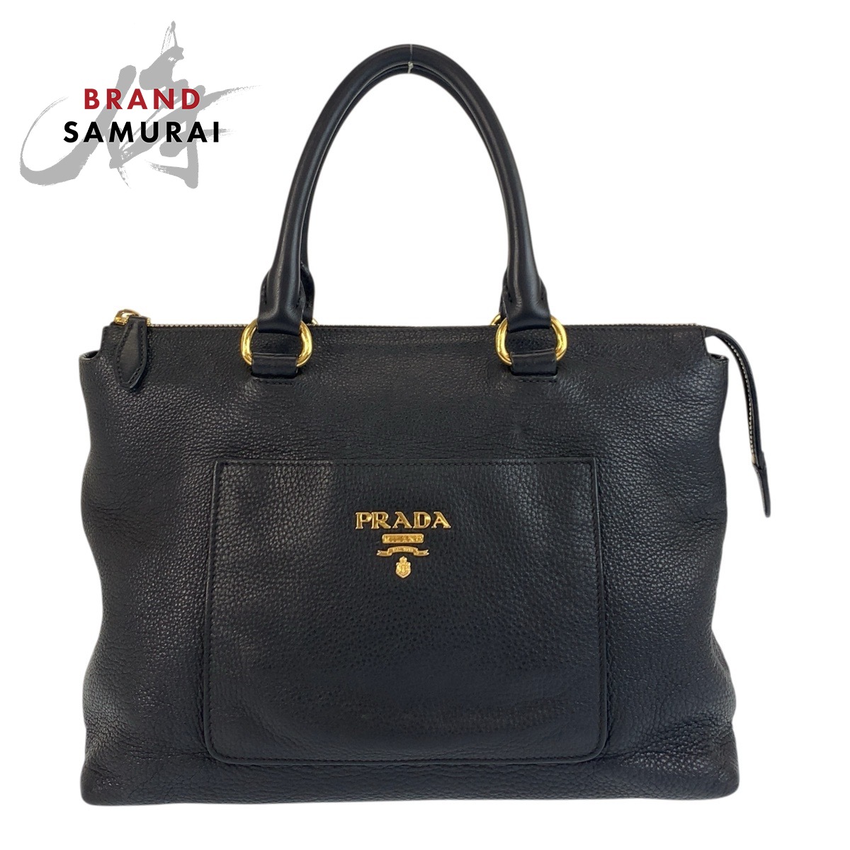 PRADA ブラックレザー ハンドバッグ* ブラック ベルト付 プラダ バックル ラージ レザー ハンドバッグ