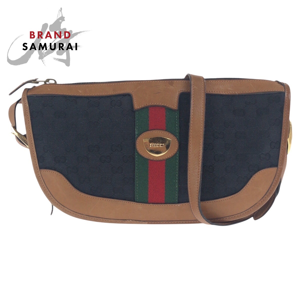 GUCCI グッチ ヴィンテージ オールドグッチ シェリーライン ブラック 黒 ブラウン ゴールド金具 GGキャンバス /レザー ショルダーバッグ レディース 504804 【中古】