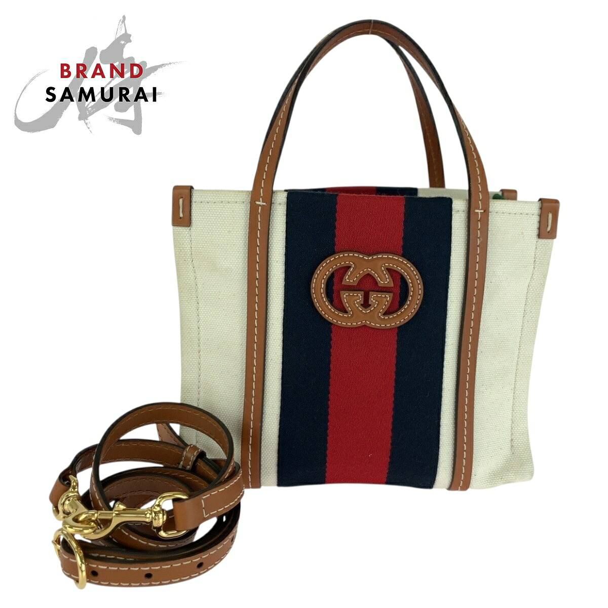美品 GUCCI グッチ インターロッキング ホワイト ブラウン ゴールド金具 キャンバス ショルダーバッグ トートバッグ 2way レディース 505273 【中古】