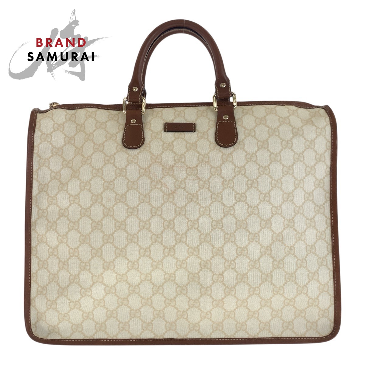 GUCCI グッチ GGプラス ブラウン アイボリー ゴールド金具 PVC /レザー 189899 ビジネスバッグ ブリーフケース メンズ 505372 【中古】