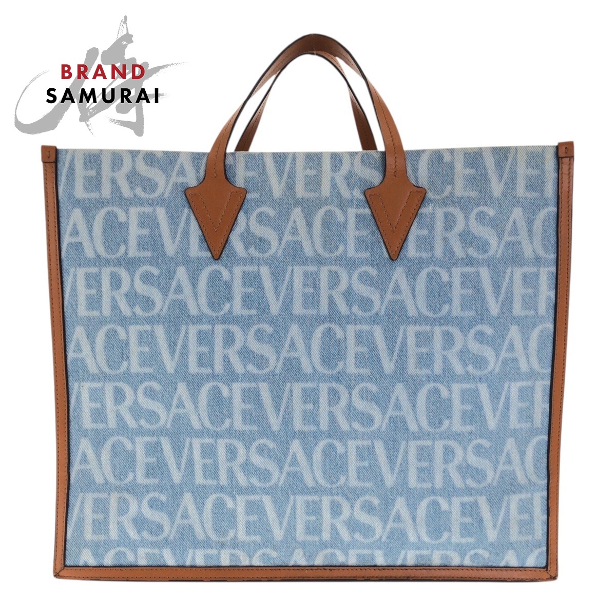 美品 VERSACE ヴェルサーチ オールオーバー デニム ブルー ブラウン キャンバス 1008913 トートバッグ ハンドバッグ レディース 505320 【中古】｜BRAND SAMURAI