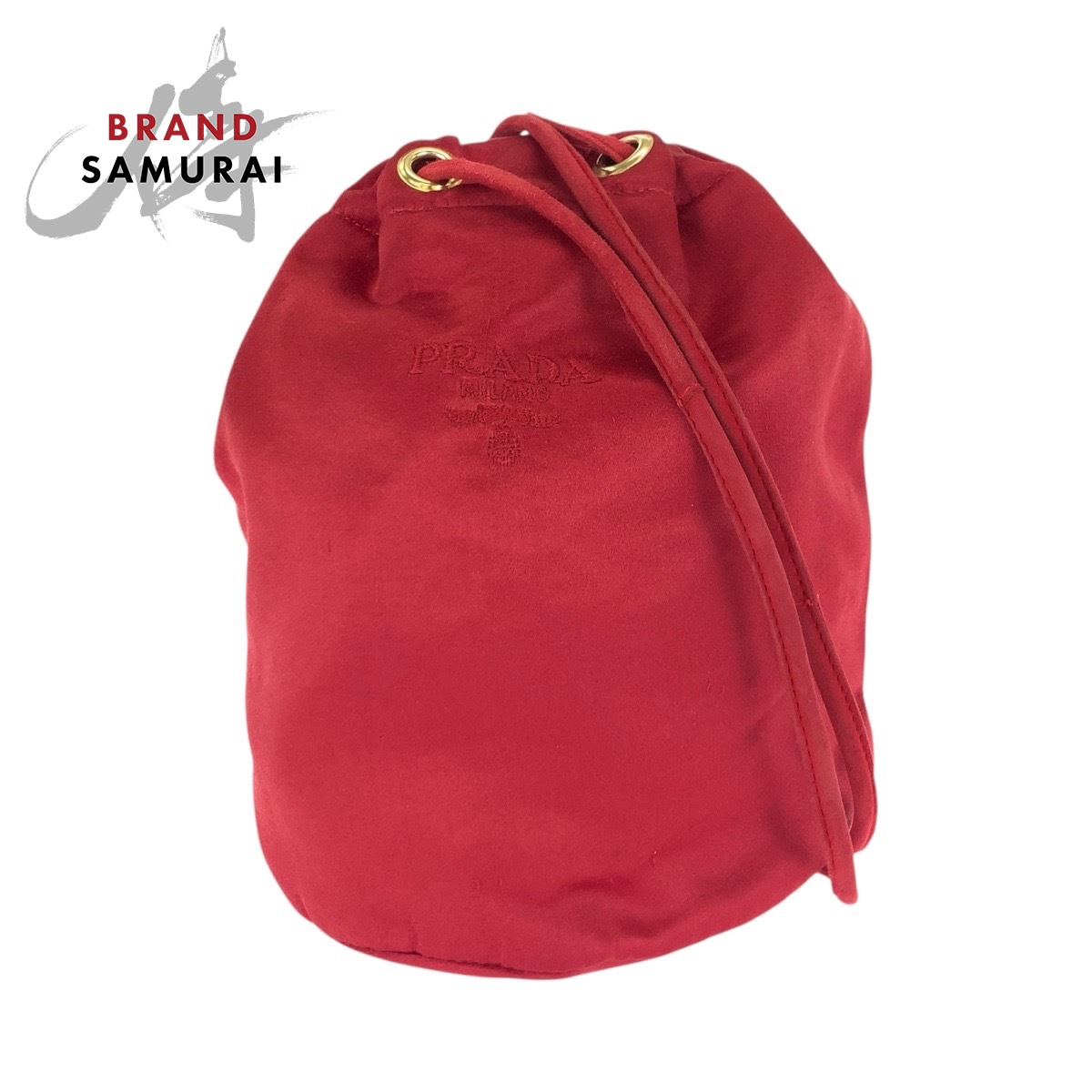 美品 PRADA プラダ ロゴ刺繍 レッド ゴールド金具 サテン ショルダーバッグ ポーチ 巾着 レディース 505911 【中古】