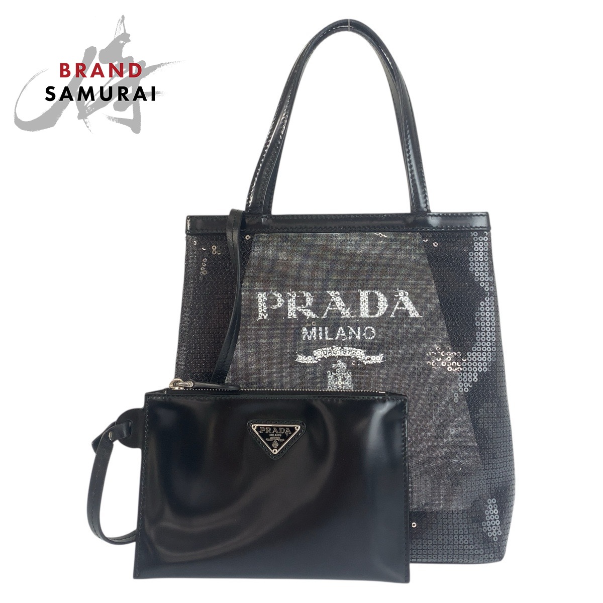 超美品 PRADA プラダ メッシュ 三角ロゴプレート ブラック 黒 シルバー金具 スパンコール /レザー トートバッグ ハンドバッグ レディース 506111 【中古】