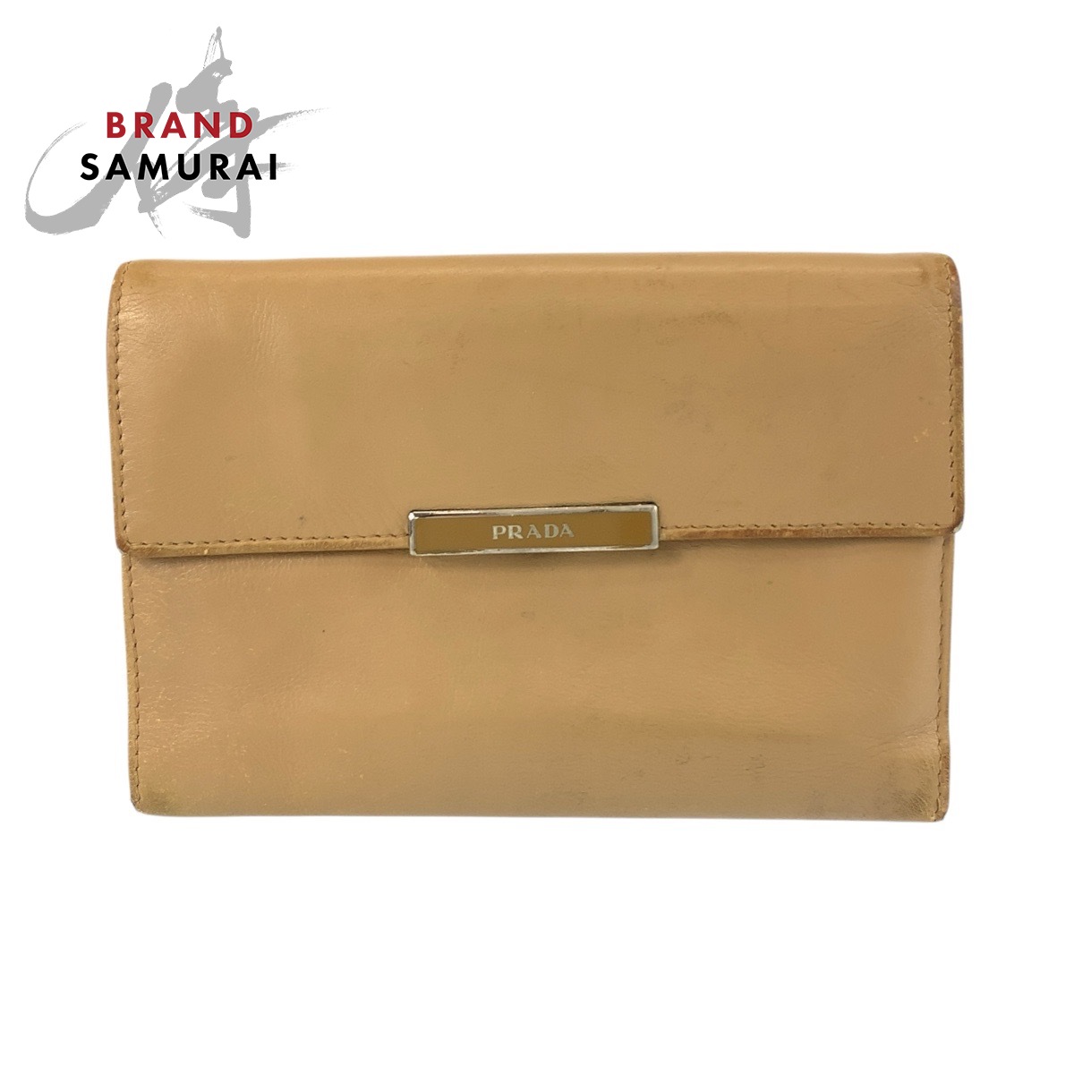 PRADA プラダ ベージュ シルバー金具 レザー 折財布 コンパクトウォレット レディース 506553 【中古】