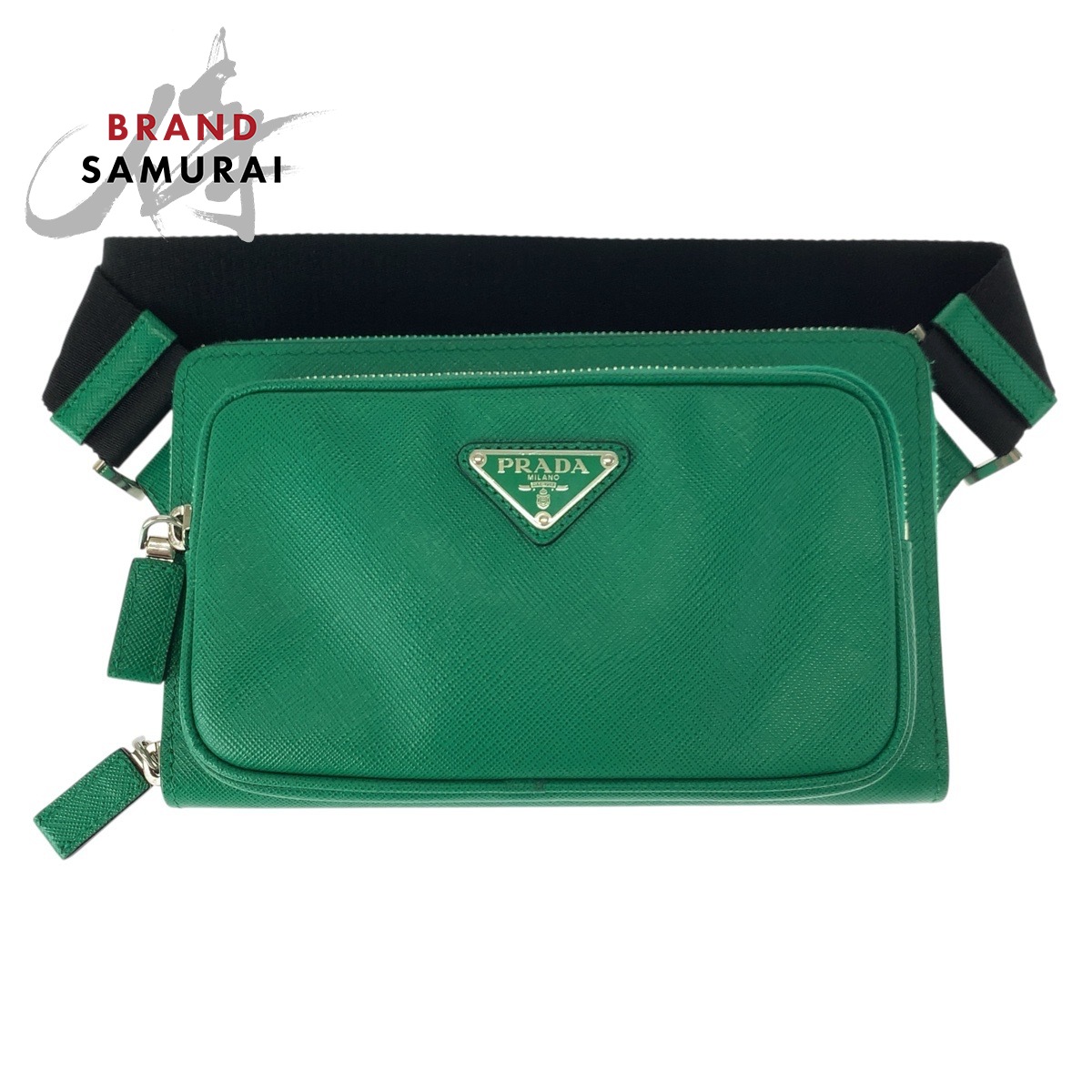 美品 PRADA プラダ サフィアーノ 三角ロゴプレート グリーン ブラック シルバー金具 レザー ボディバッグ ウエストバッグ バムバッグ レディース 600003 【中古】
