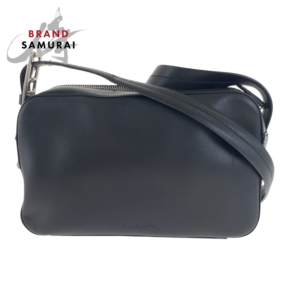 美品 PRADA プラダ 黒いこと 黒 しろがね色金具 なめし革 ショルダーバッグ 飛脚屋御徒面子 レディース 500794 【中古】
