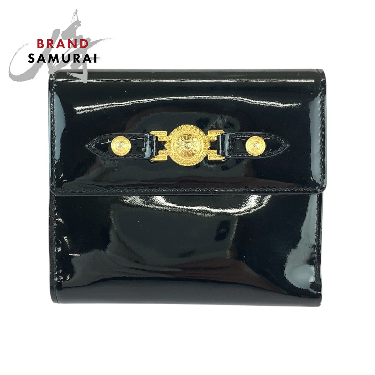 美品 VERSACE ヴェルサーチ サンバースト 黒いこと 黒 ゴールド金具 エナメル 折札入れ コンパクトウォレット レディース 600056 【中古】 財布・ケース-レディース財布