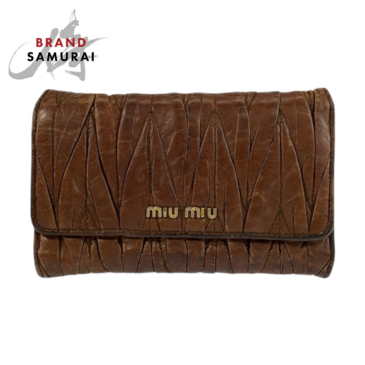 MIUMIU ミュウミュウ マテラッセ ブラウン ゴールド金具 レザー 194 折財布 コンパクトウォレット レディース 600216 【中古】