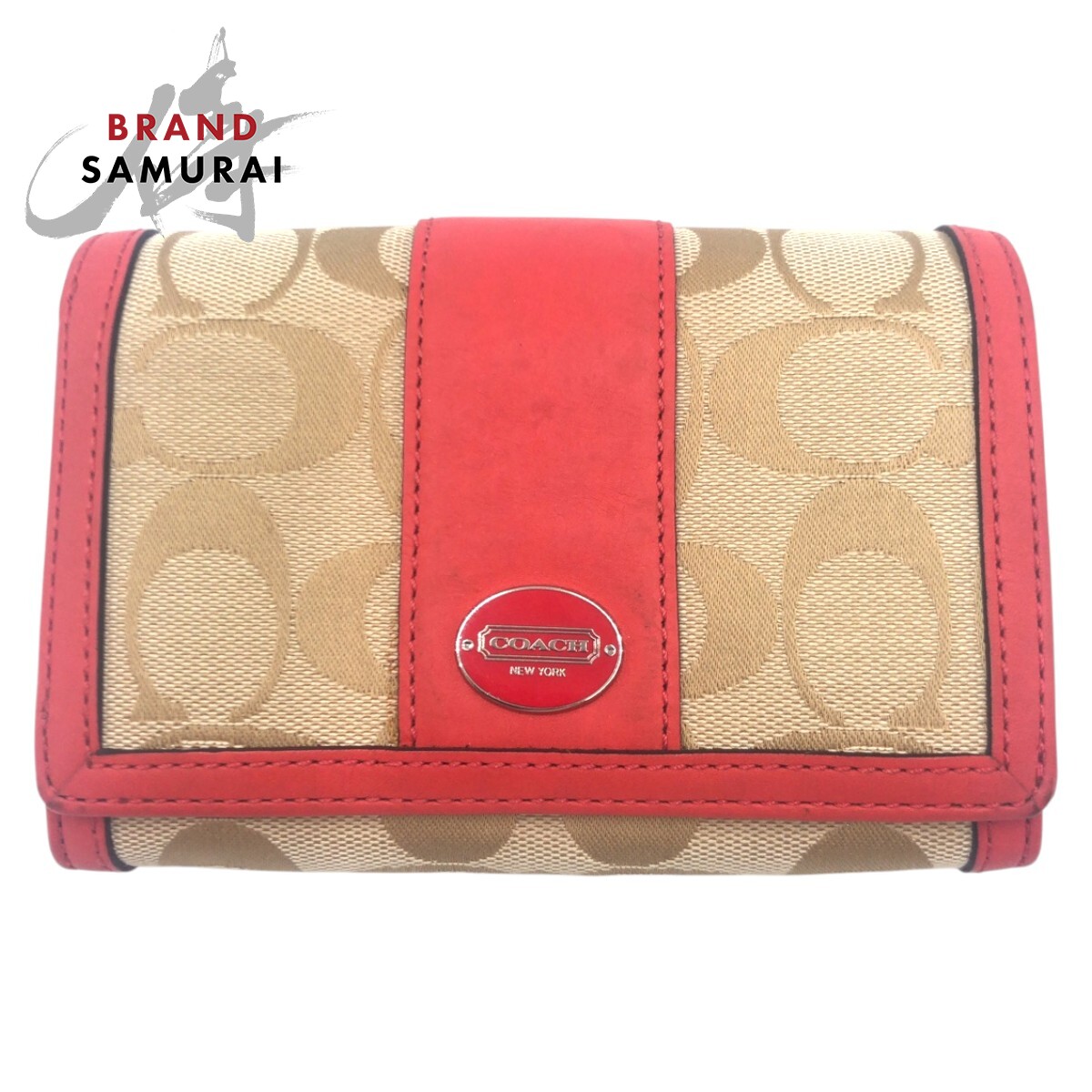 美品 COACH コーチ シグネチャー ベージュ ピンク キャンバス /レザー 二つ折り財布 折り財布 コンパクトウォレット レディース 600281 【中古】