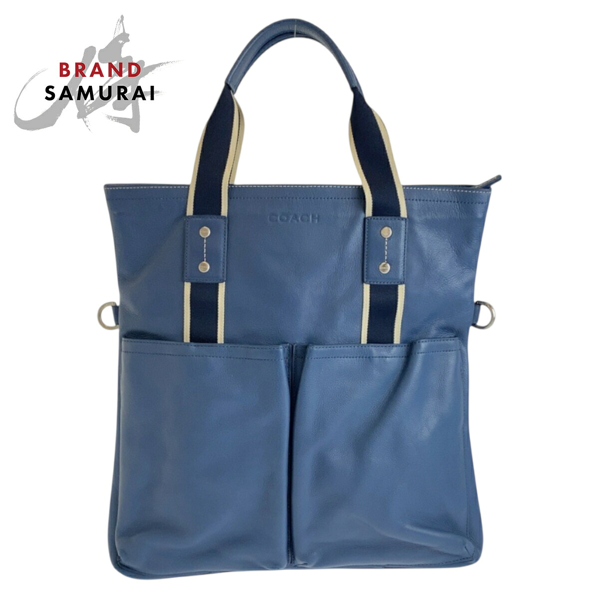 COACH コーチ ブルー 青 シルバー金具 レザー 70558 トートバッグ ビジネスバッグ メンズ 600367 【中古】