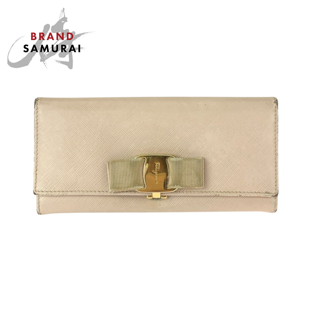 Salvatore Ferragamo サルヴァトーレフェラガモ ヴァラリボン ベージュ ゴールド金具 レザー K I -22B559 長財布 ロングウォレット レディース 600519 【中古】