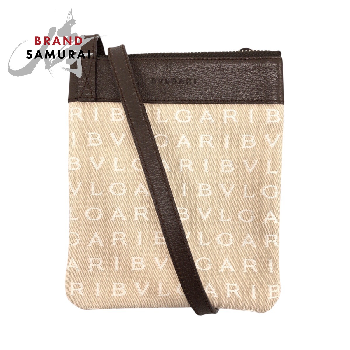 美品 BVLGARI ブルガリ ロゴマニア ベージュ ブラウン シルバー金具 キャンバス /レザー ショルダーバッグ ポシェット レディース 600650 【中古】