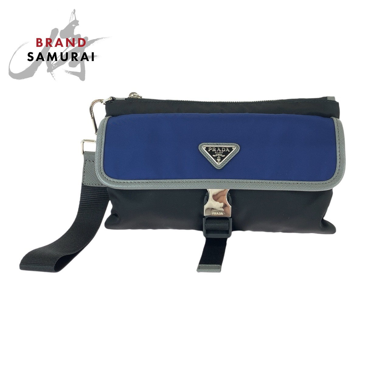 美品 PRADA プラダ テスート サフィアーノ ３角形ロゴタイプ一皿 青碧 黒いこと しろがね色金具 ナイロン /なめし革 クラッチペダル御徒面子 二番目御徒面子 合切袋 メンズ 601250 【中古】