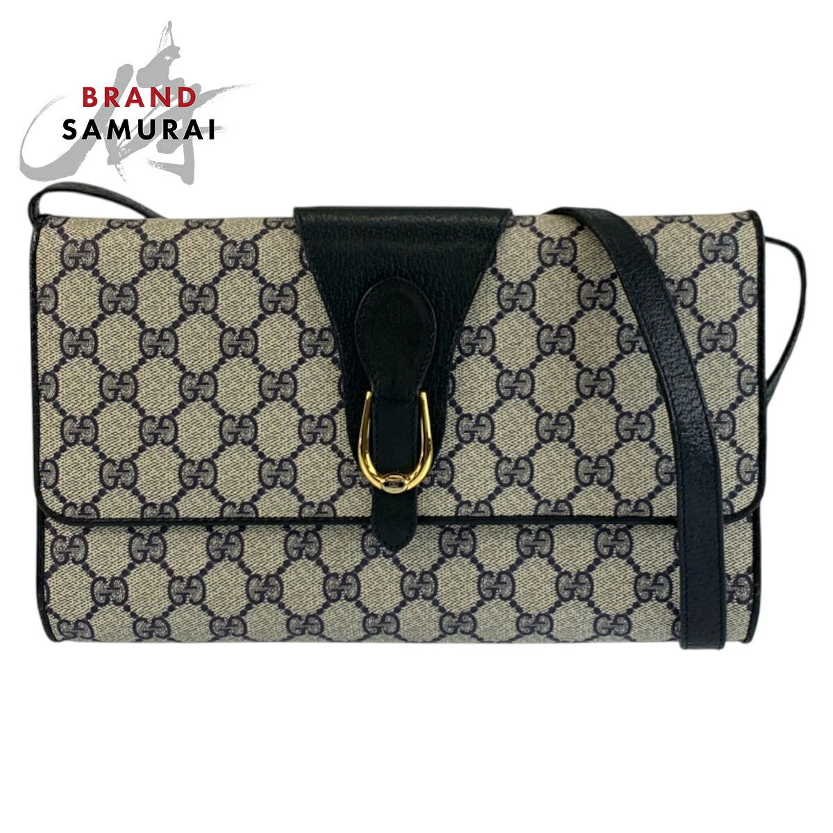 美品 GUCCI グッチ ヴィンテージ グレー ネイビー ゴールド金具 GGスプリームキャンバス /レザー ショルダーバッグ ポシェット レディース 601366 【中古】|BRAND SAMURAI