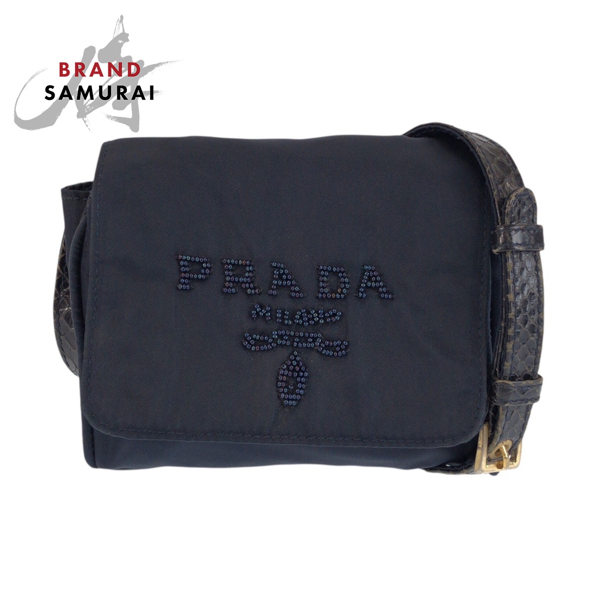 PRADA プラダ テスート 米国海軍 ゴールド金具 ナイロン /パイソン 酉の方角御徒面子 ショルダーバッグ レディース 601119 【中古】