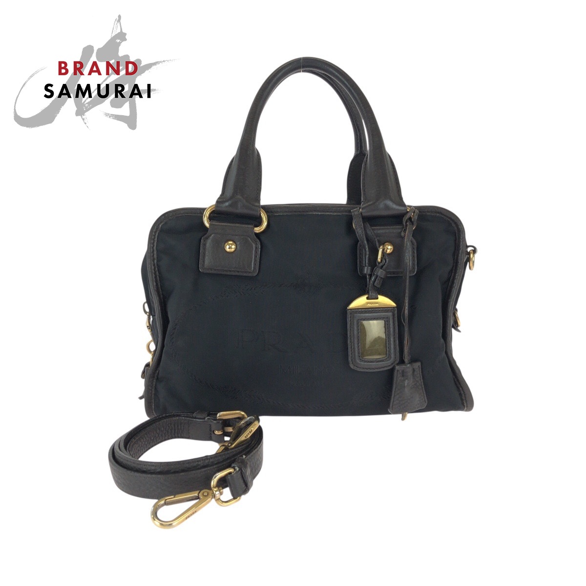 美品 PRADA プラダ 三角ロゴプレート ブラック 黒 ゴールド金具 
