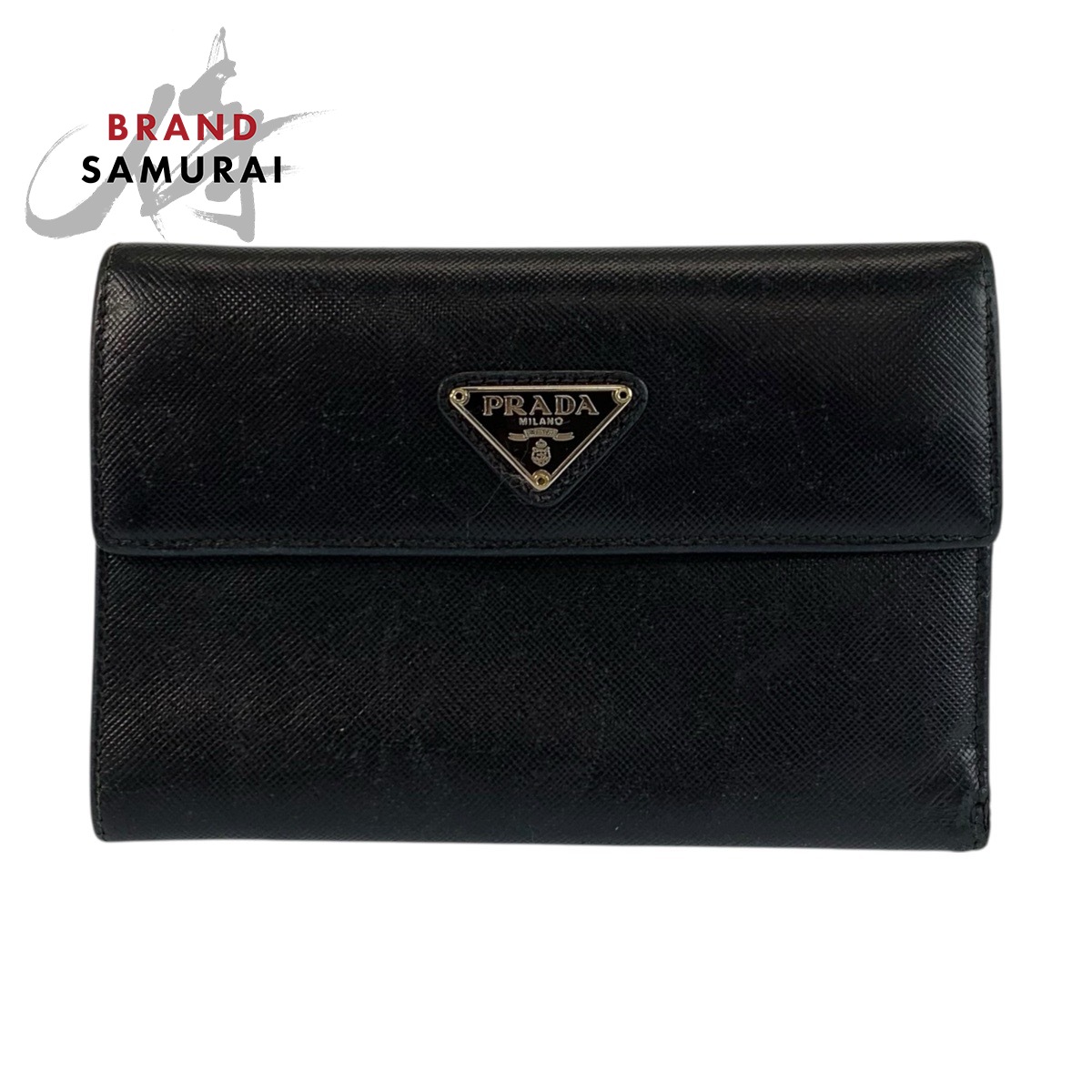 PRADA プラダ サフィアーノ 三角ロゴプレート ブラック 黒 シルバー金具 レザー 折財布 コンパクトウォレット レディース 601087 【中古】