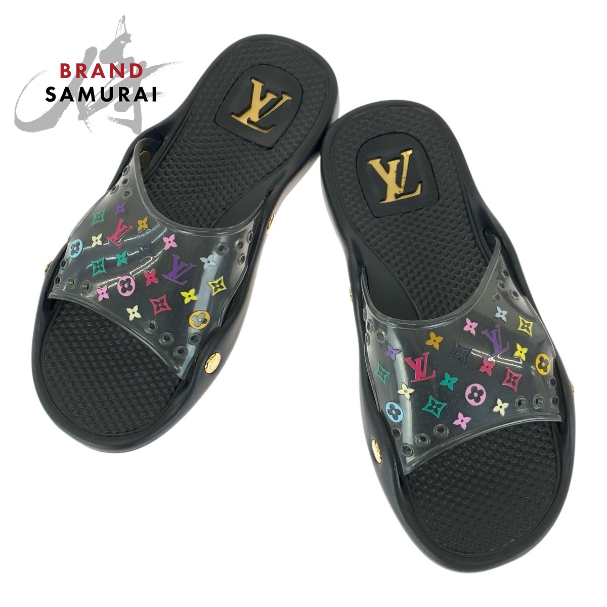 美品 LOUIS VUITTON ルイヴィトン モノグラム マルチカラー サイズ38 ブラック 黒 ゴールド金具 ラバー ビーチサンダル 男女兼用 レディース 601266 【中古】