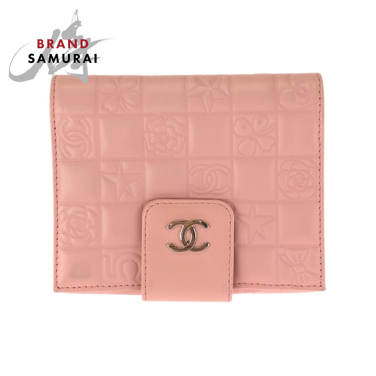 美品 CHANEL シャネル ヴィンテージ アイコン チョコバー ココマーク ピンク シルバー金具 ラムスキン 折財布 コンパクトウォレット レディース 601456 【中古】