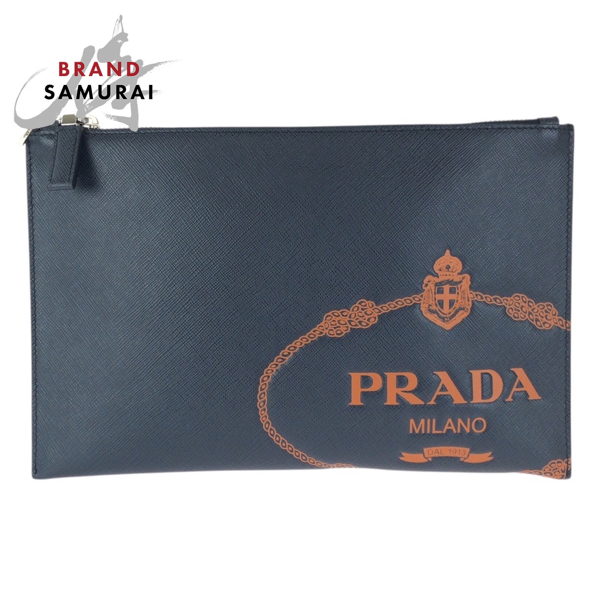 美品 PRADA プラダ サフィアーノ 米国海軍 オレンジ色 しろがね色金具 なめし革 クラッチペダル御徒面子 二番目御徒面子 男女兼用 メンズ 601484 【中古】