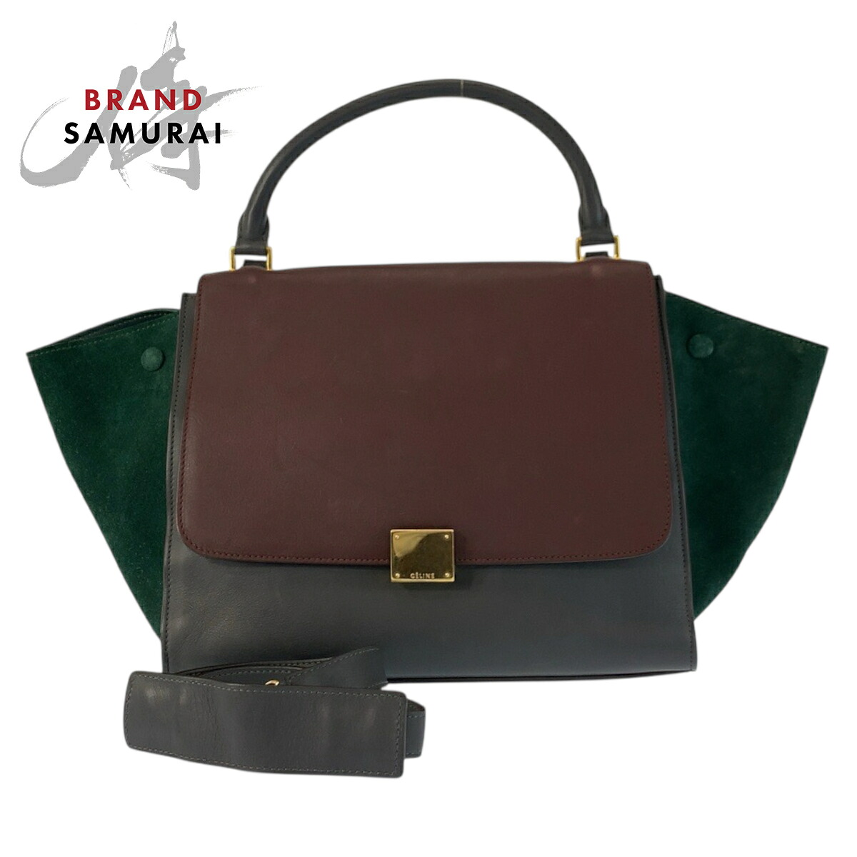 美品 CELINE セリーヌ トラペーズ バーガンディ グレー グリーン レザー /スウェード U-MP-0112 ハンドバッグ ショルダーバッグ 2way レディース 601514 【中古】｜BRAND SAMURAI