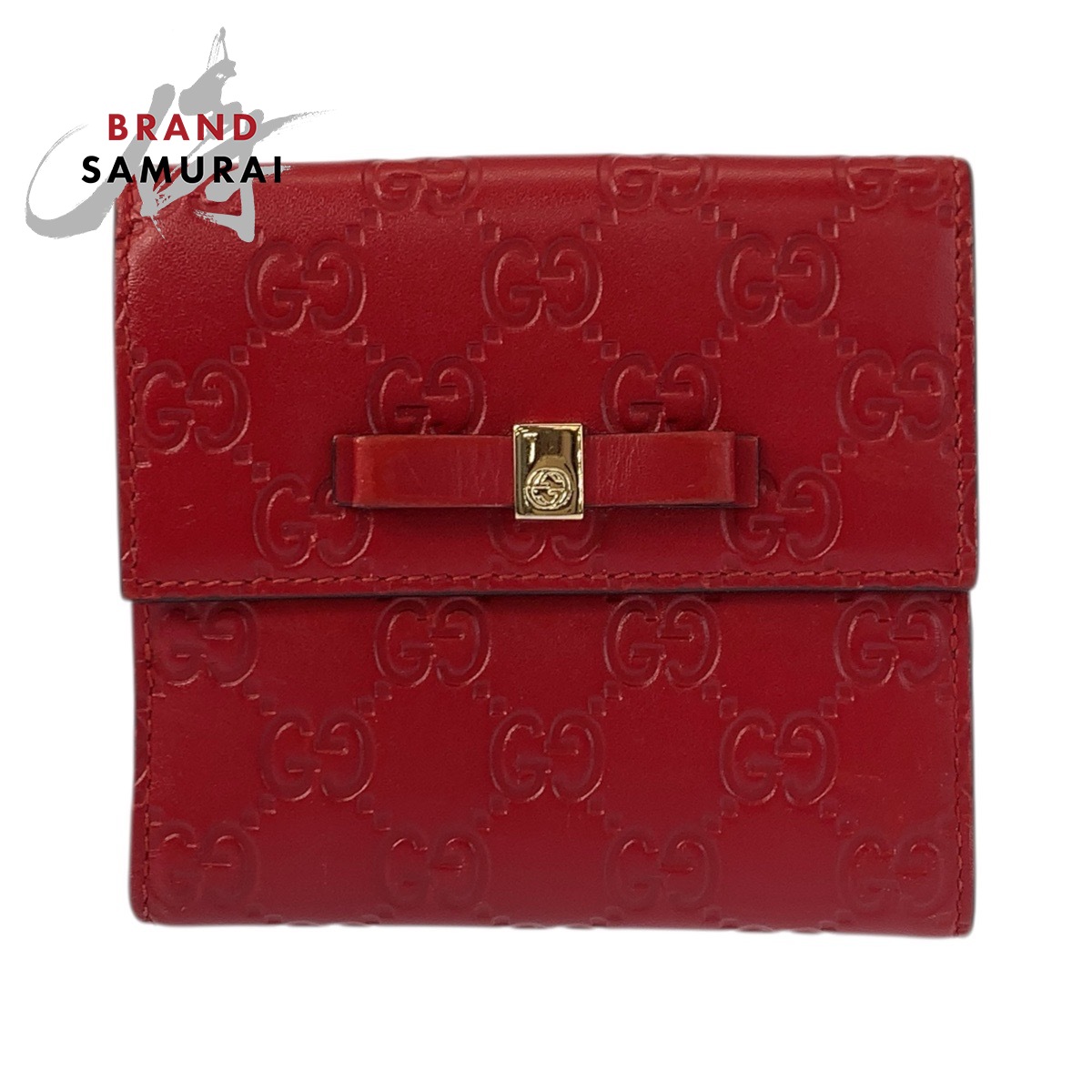 美品 GUCCI グッチ グッチシマ リボン レッド ゴールド金具 レザー 406925 折財布 コンパクトウォレット レディース 601488 【中古】