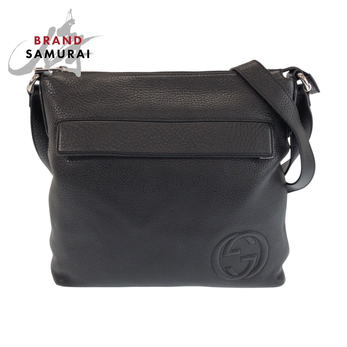 美品 GUCCI グッチ インターロッキング 黒いこと 黒 しろがね色金具 なめし革 3322059 ショルダーバッグ 飛脚屋御徒面子 メンズ 601395 【中古】