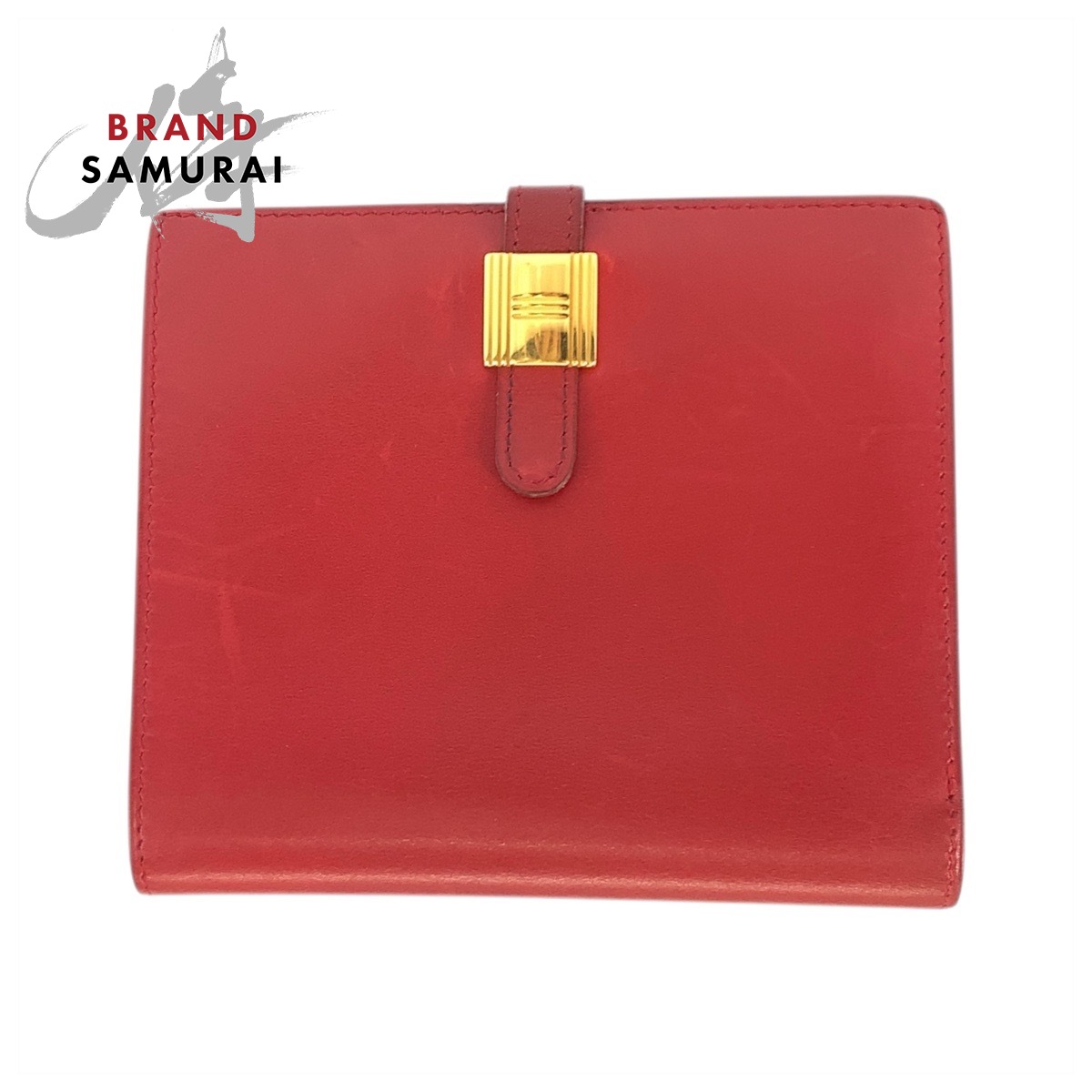 HERMES エルメス ソミュール 赤いこと ゴールド金具 なめし革 折紙入れ コンパクトウォレット ◯X目じるし レディース 601446 【中古】
