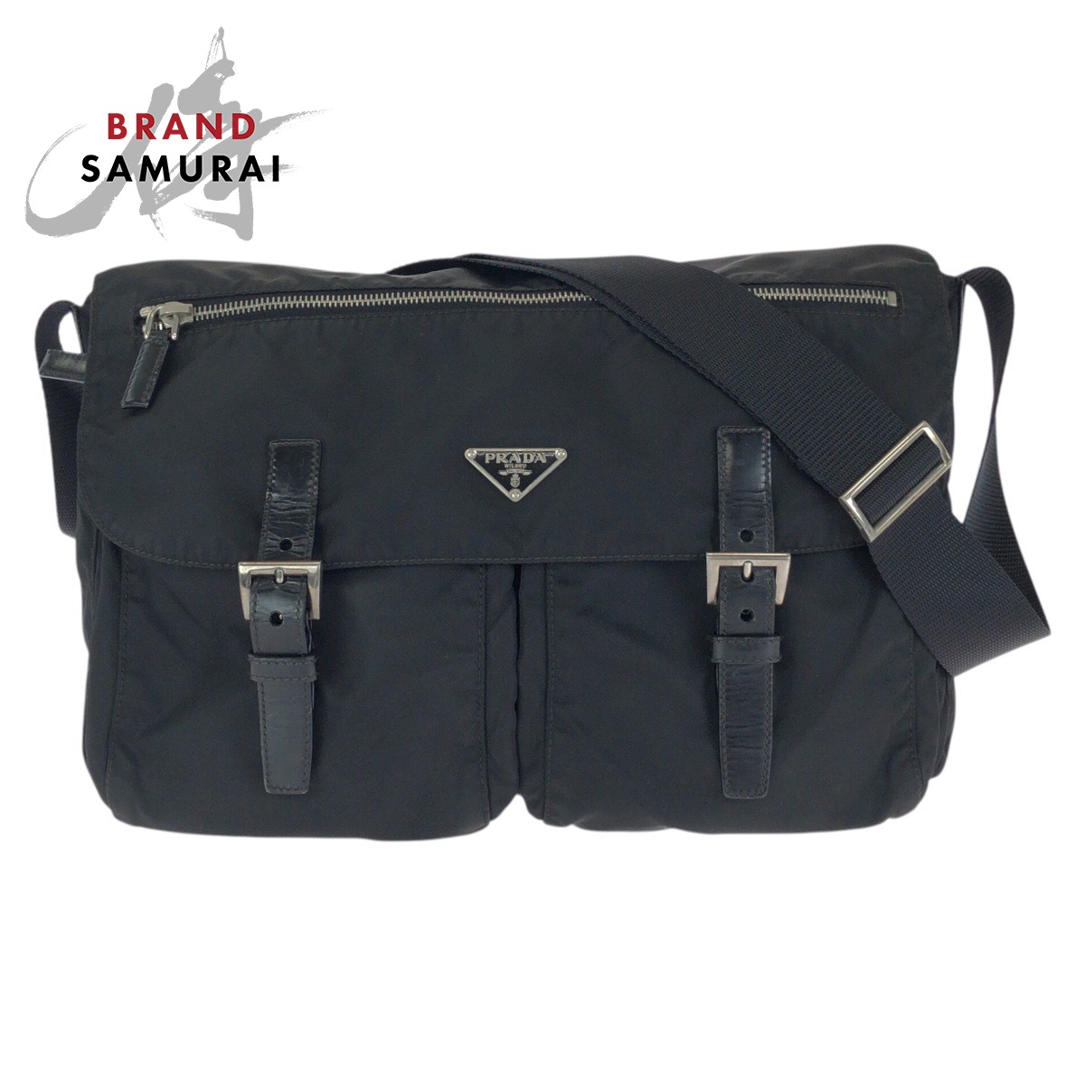 PRADA プラダ テスートナイロン レザー トライアングルロゴプレート ショルダーバッグ シルバー金具 ブラック B5469F PRADA（プラダ） トライアングルロゴプレート ナイロン レザー